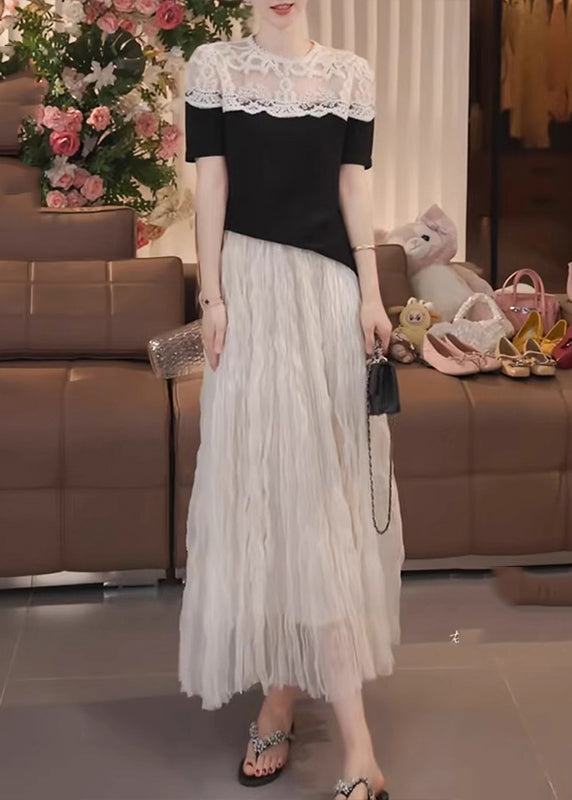 Camisas finas de encaje con patchwork y mangas abullonadas en negro