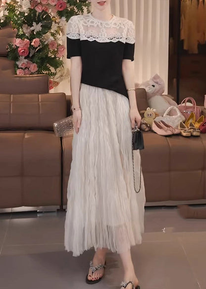 Camisas finas de encaje con patchwork y mangas abullonadas en negro