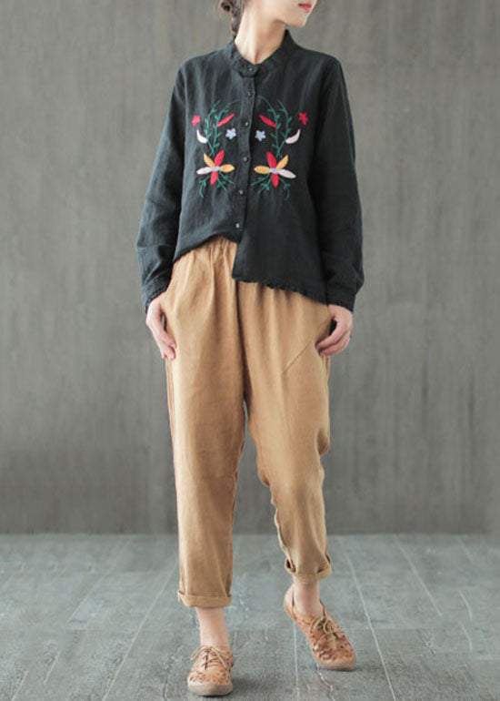 Feines schwarzes, gerüschtes, besticktes Patchwork-Baumwollhemd mit langen Ärmeln