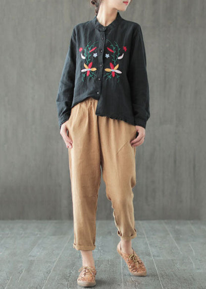 Feines schwarzes, gerüschtes, besticktes Patchwork-Baumwollhemd mit langen Ärmeln