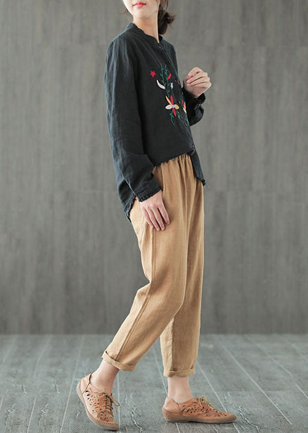 Feines schwarzes, gerüschtes, besticktes Patchwork-Baumwollhemd mit langen Ärmeln