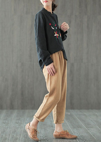 Feines schwarzes, gerüschtes, besticktes Patchwork-Baumwollhemd mit langen Ärmeln