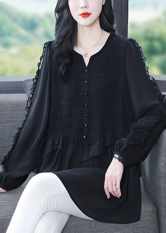 Fine Black Ruffled Patchwork Lace Shirts Spring