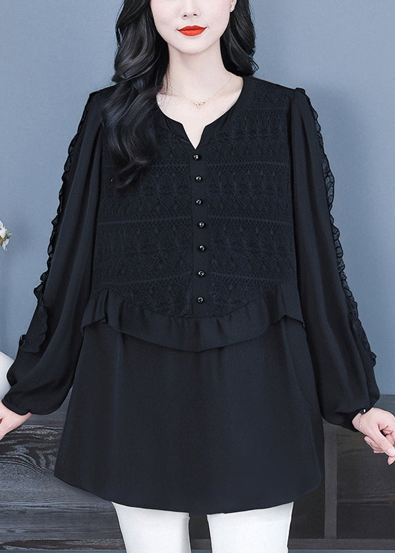 Feine schwarze Rüschen-Patchwork-Spitzenblusen für den Frühling
