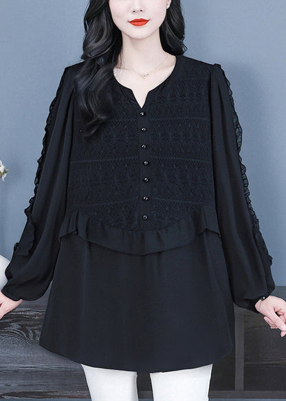 Feine schwarze Rüschen-Patchwork-Spitzenblusen für den Frühling