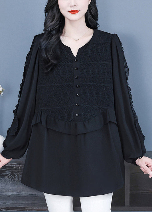 Fine Black Ruffled Patchwork Lace Shirts Spring