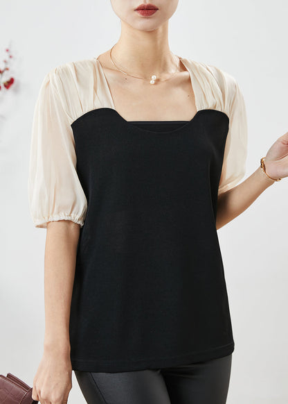 Feines schwarzes Patchwork-Spandex-Shirt mit quadratischem Kragen für den Sommer