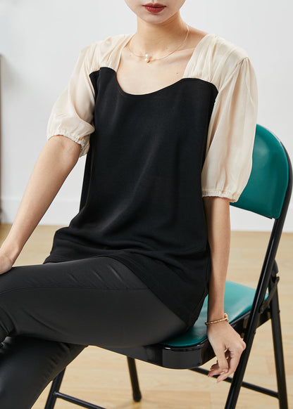 Feines schwarzes Patchwork-Spandex-Shirt mit quadratischem Kragen für den Sommer