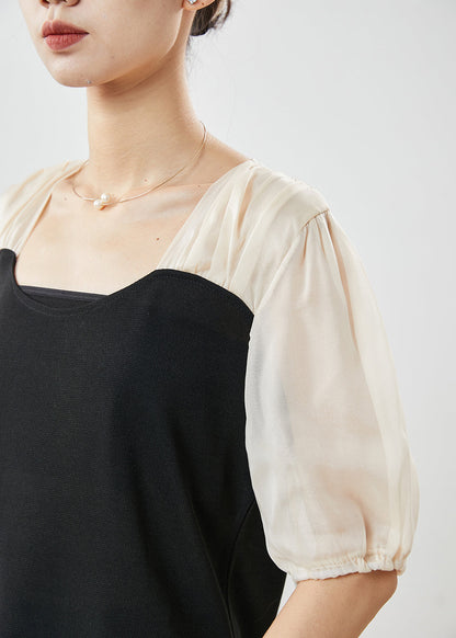Feines schwarzes Patchwork-Spandex-Shirt mit quadratischem Kragen für den Sommer
