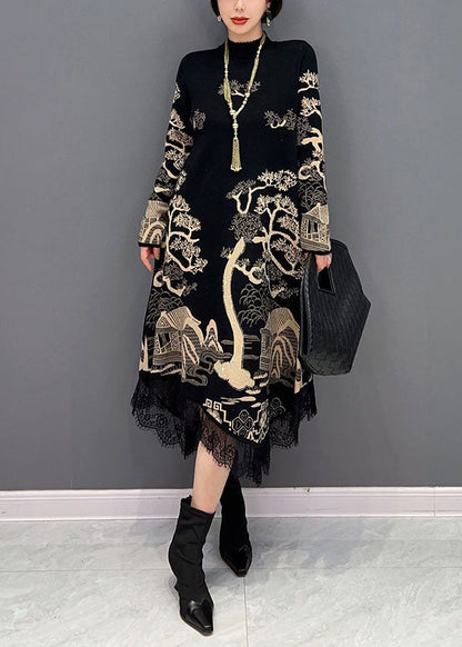 Feine Schwarze Stehkragen Asymmetrische Spitze Patchwork Print Baumwolle Kleid Frühling