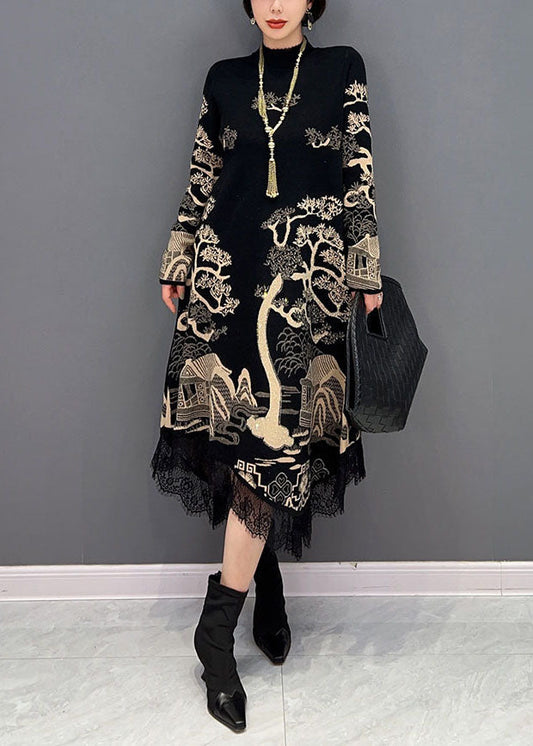 Feine Schwarze Stehkragen Asymmetrische Spitze Patchwork Print Baumwolle Kleid Frühling