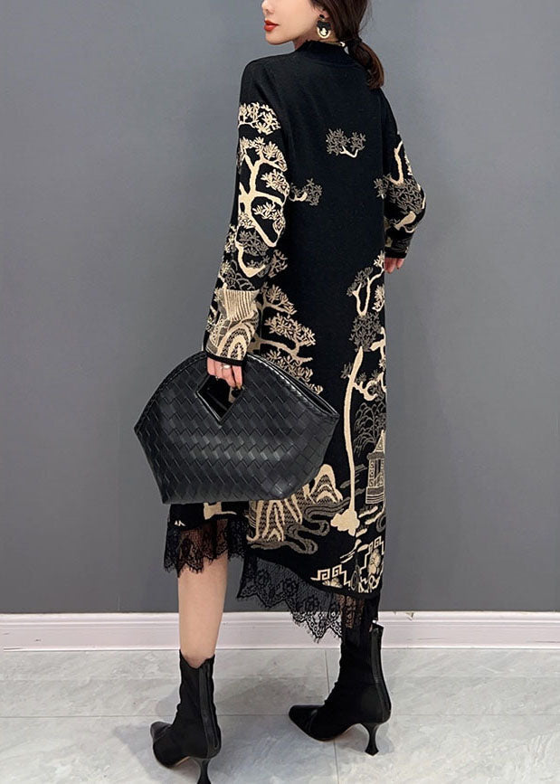 Feine Schwarze Stehkragen Asymmetrische Spitze Patchwork Print Baumwolle Kleid Frühling