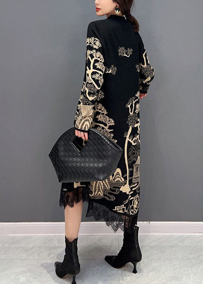 Feine Schwarze Stehkragen Asymmetrische Spitze Patchwork Print Baumwolle Kleid Frühling