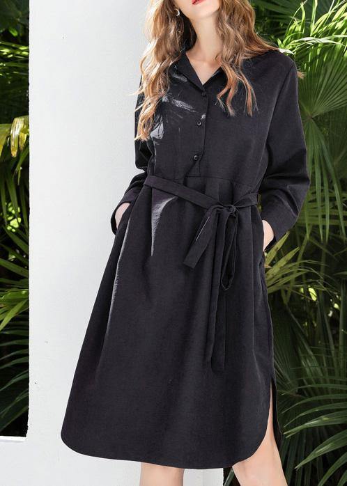 Fine Black Tie waist Cotton Side Open Spring Dresses - SooLinen