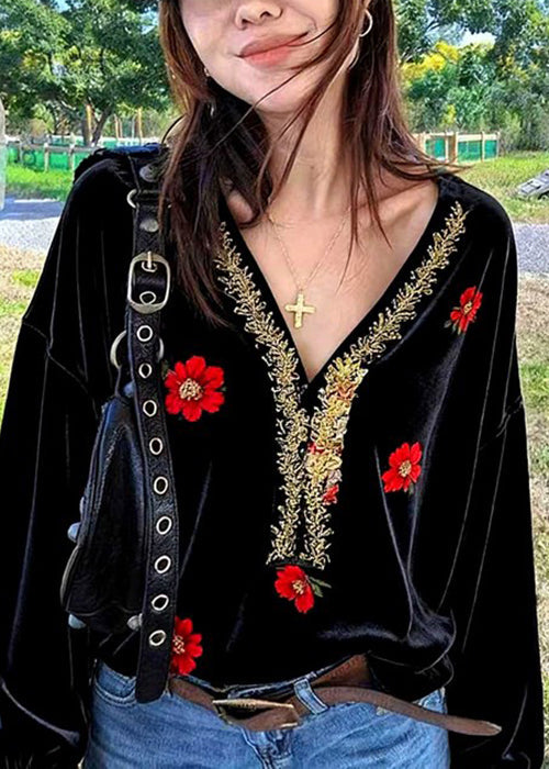 Camisa fina de terciopelo de seda bordada con cuello en V negro para primavera