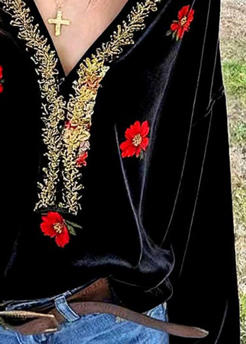 Feines schwarzes Seidenvelourshemd mit V-Ausschnitt und Stickerei (Frühling)