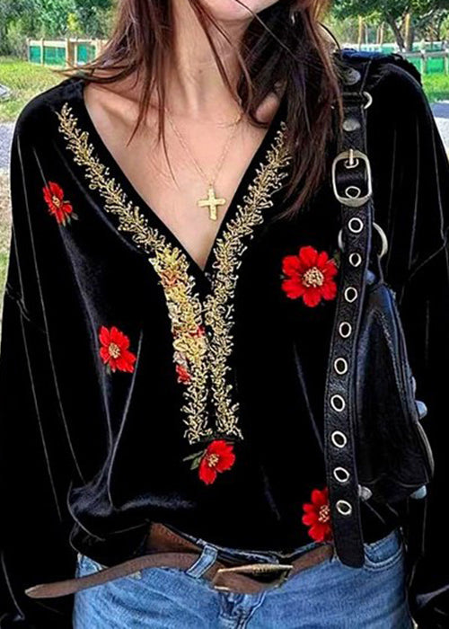 Feines schwarzes Seidenvelourshemd mit V-Ausschnitt und Stickerei (Frühling)