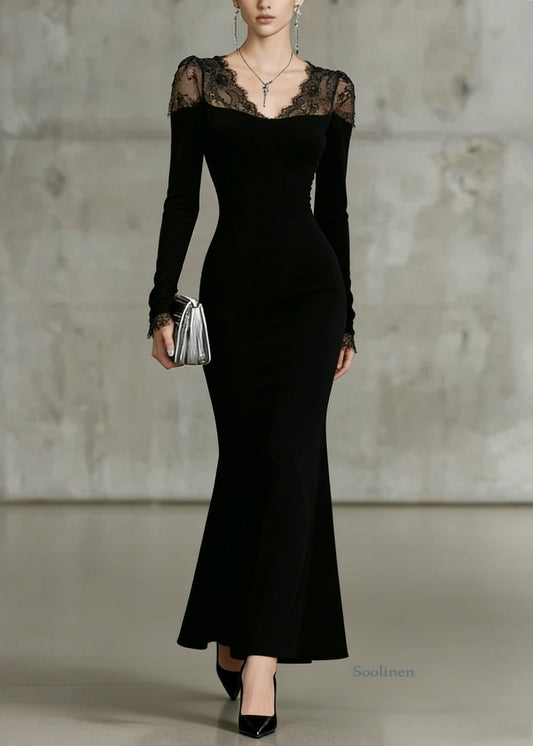 Fine Black V Neck Lace Solid Patchwork Fish Tail Dresses Spring
