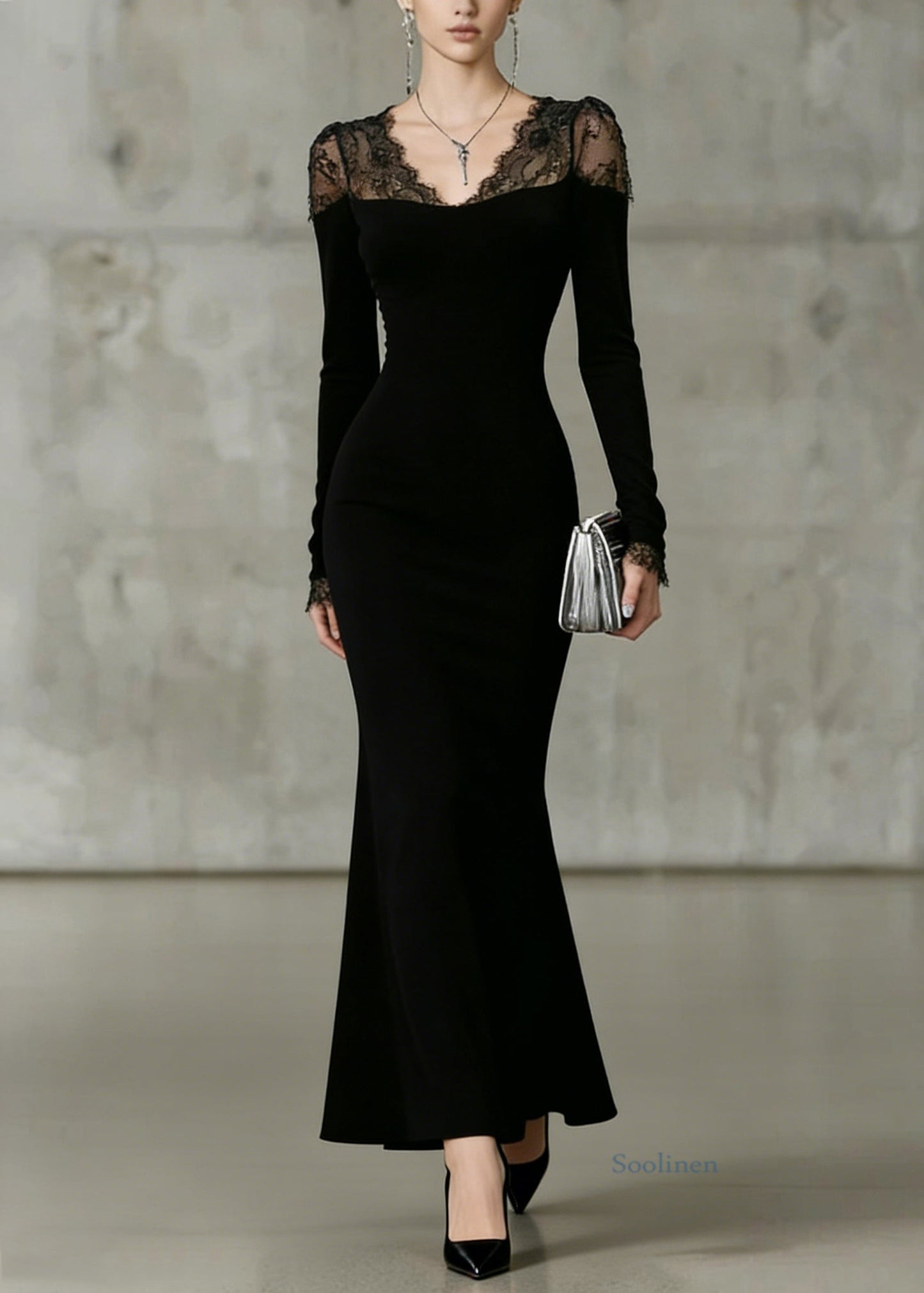 Fine Black V Neck Lace Solid Patchwork Fish Tail Dresses Spring