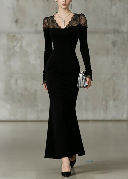 Fine Black V Neck Lace Solid Patchwork Fish Tail Dresses Spring