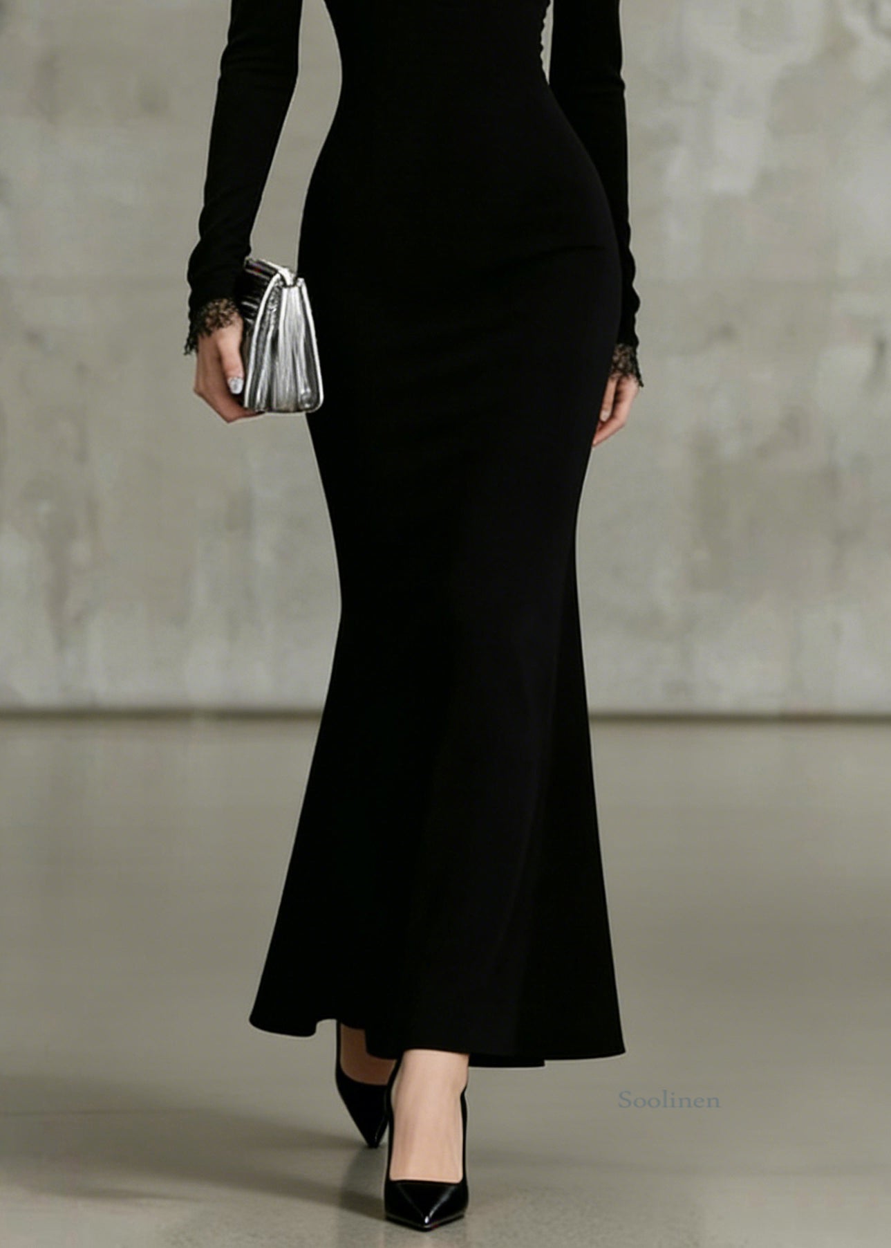 Fine Black V Neck Lace Solid Patchwork Fish Tail Dresses Spring