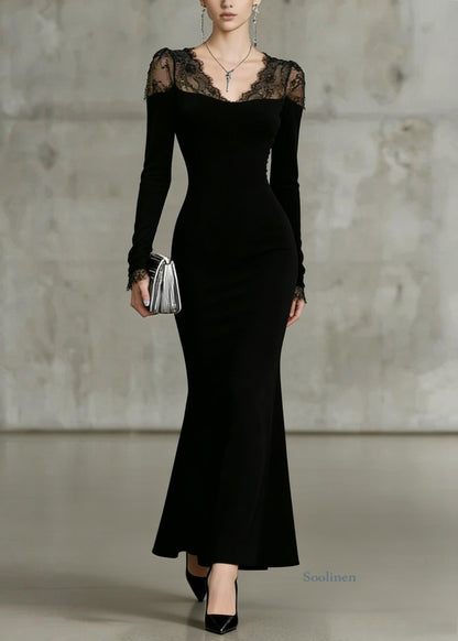 Fine Black V Neck Lace Solid Patchwork Fish Tail Dresses Spring