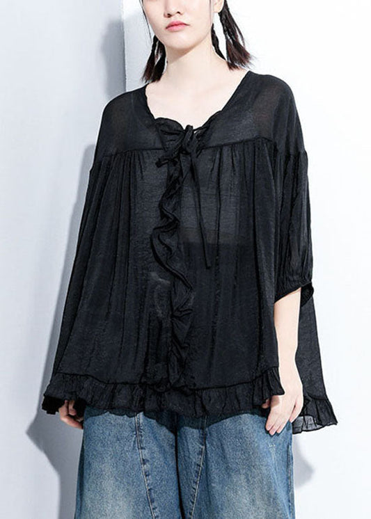 Feines schwarzes V-Ausschnitt-Top mit Krawatte und Dreiviertelärmeln