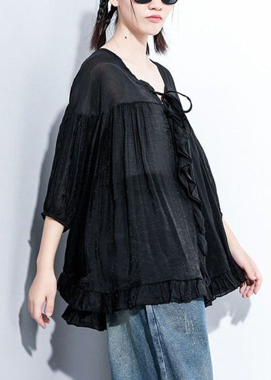 Feines schwarzes V-Ausschnitt-Top mit Krawatte und Dreiviertelärmeln