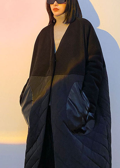 Feiner schwarzer Woll-Patchwork-PU-Taschen-Winter-Baumwoll-Parka