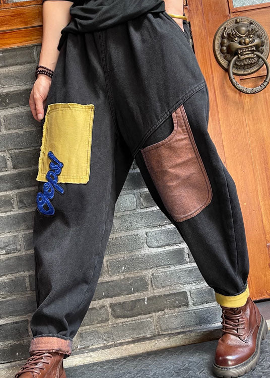 Feine schwarze Mode Patch Applikation Denim Hose Winter