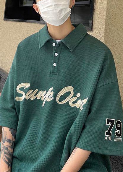 Fine Blackish Green Button Letter Cotton Men Polo Shirts Summer