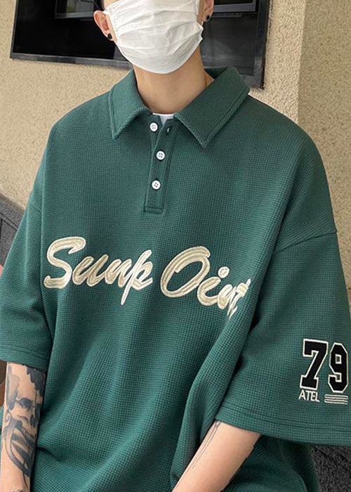 Fine Blackish Green Button Letter Cotton Men Polo Shirts Summer