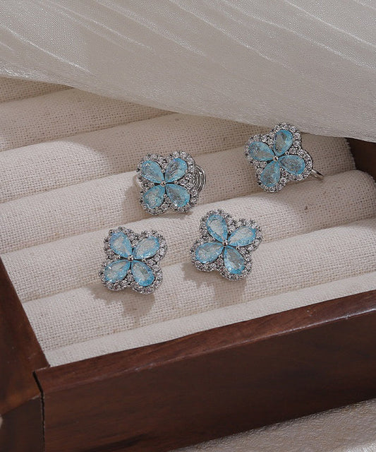 Fine Blue Alloy Zircon Ice Flower Four-Leaf Clover Stud Earrings