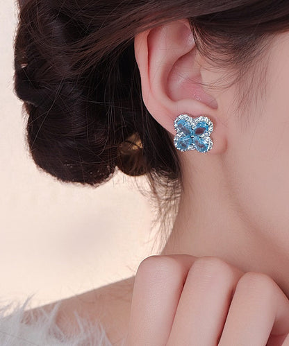 Fine Blue Alloy Zircon Ice Flower Four-Leaf Clover Stud Earrings