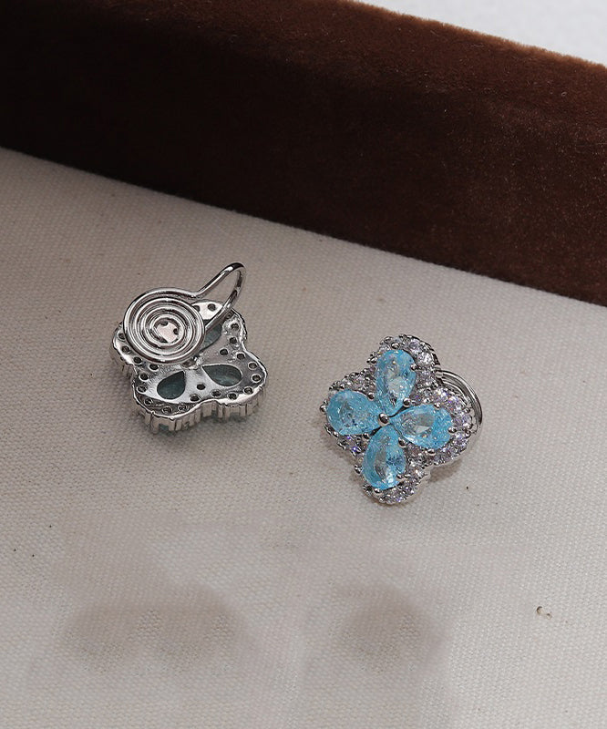 Fine Blue Alloy Zircon Ice Flower Four-Leaf Clover Stud Earrings