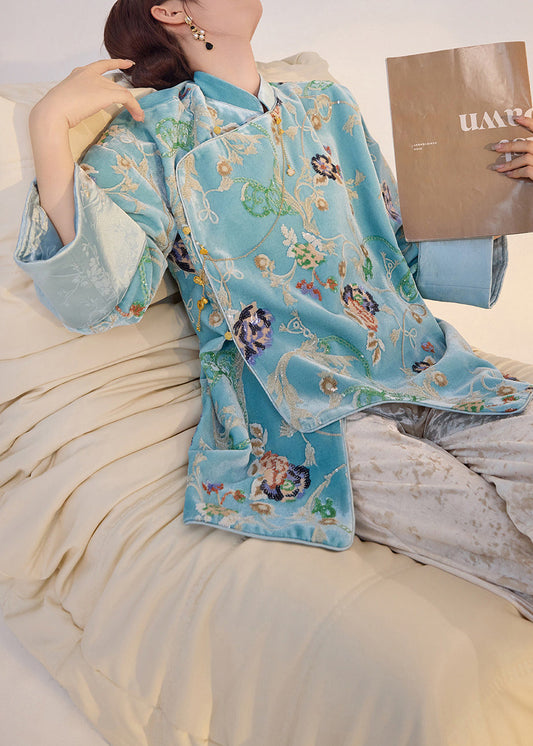 Abrigo oriental de terciopelo de seda con lentejuelas bordadas en azul fino para primavera