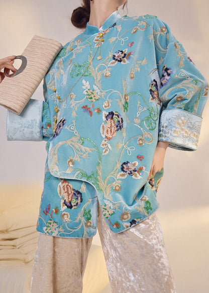 Feiner blauer bestickter Pailletten-Seidenvelours-Mantel im orientalischen Stil für den Frühling