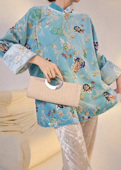 Feiner blauer bestickter Pailletten-Seidenvelours-Mantel im orientalischen Stil für den Frühling