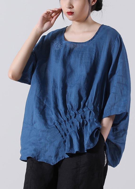 Fine Blue Embroideried Cotton Linen Blouses Summer - SooLinen