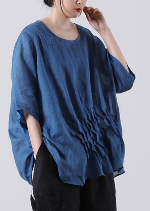 Fine Blue Embroideried Cotton Linen Blouses Summer - SooLinen