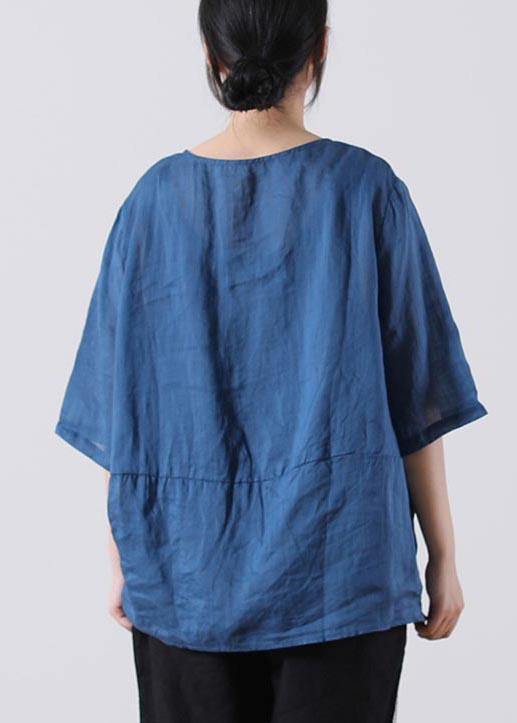 Fine Blue Embroideried Cotton Linen Blouses Summer - SooLinen