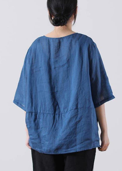 Fine Blue Embroideried Cotton Linen Blouses Summer - SooLinen