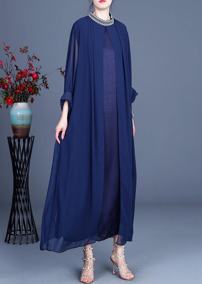 Fine Blue Embroidery long Maxi Summer Spring Chiffon Dress - SooLinen