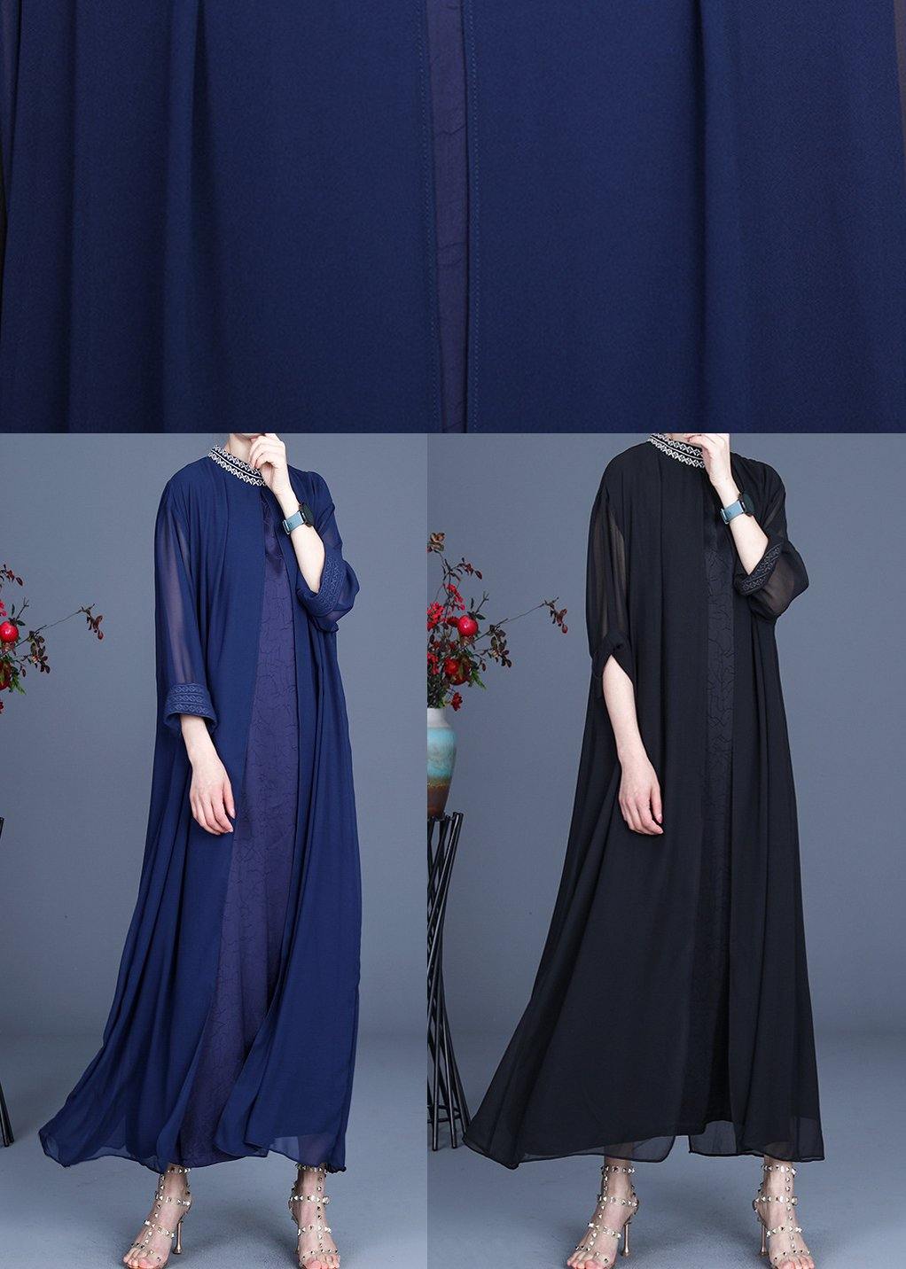 Fine Blue Embroidery long Maxi Summer Spring Chiffon Dress - SooLinen
