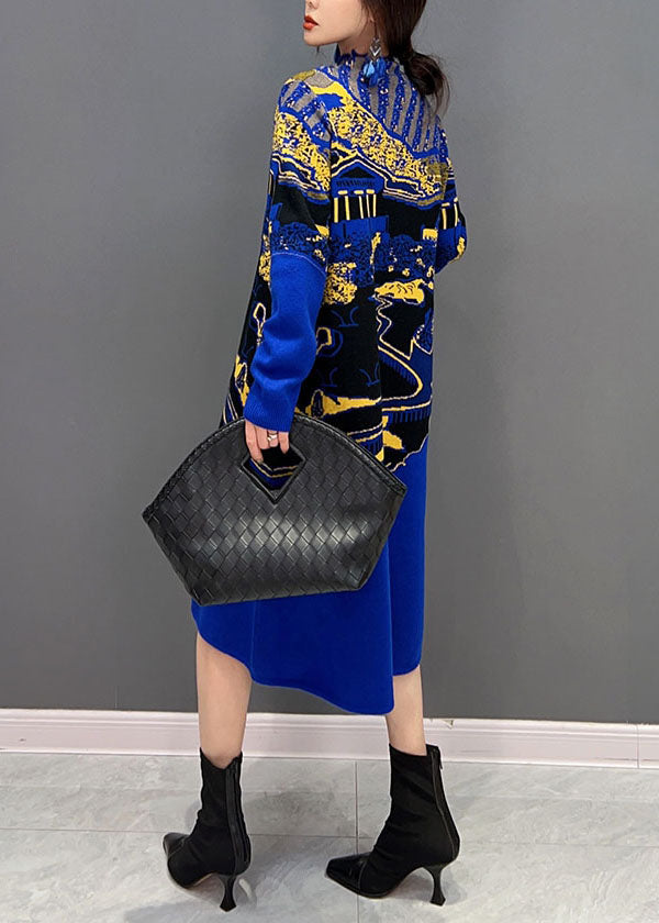 Feine blaue Hign Neck Print stricken lange Kleider Winter