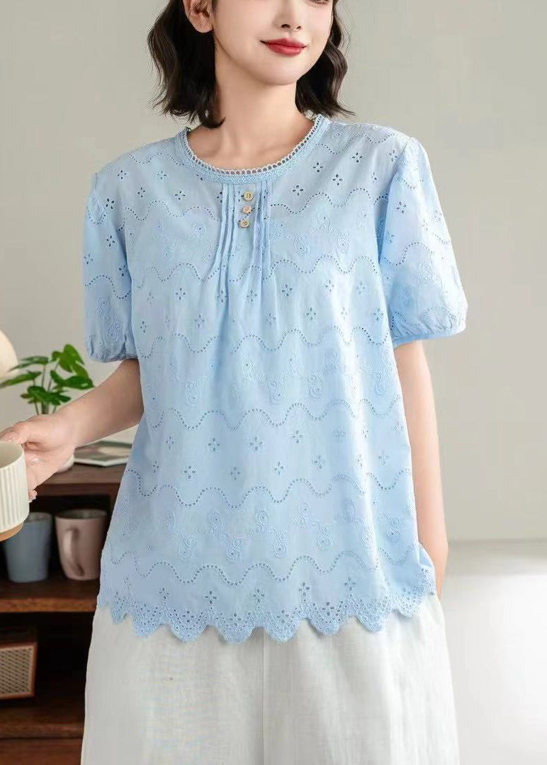 Fine Blue Hollow Out Wrinkled Cotton Top Summer