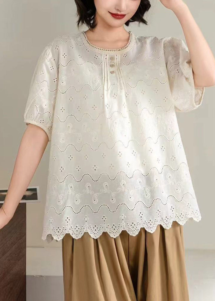 Fine Blue Hollow Out Wrinkled Cotton Top Summer