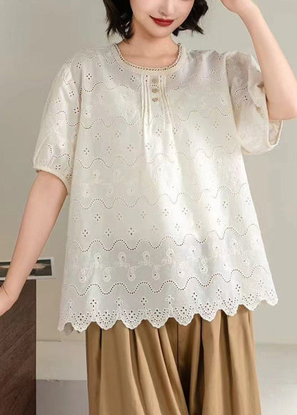 Fine Blue Hollow Out Wrinkled Cotton Top Summer