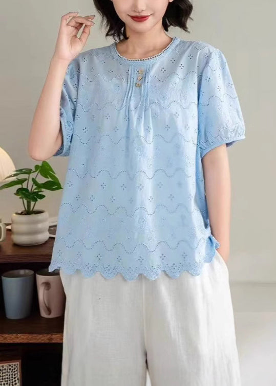 Fine Blue Hollow Out Wrinkled Cotton Top Summer