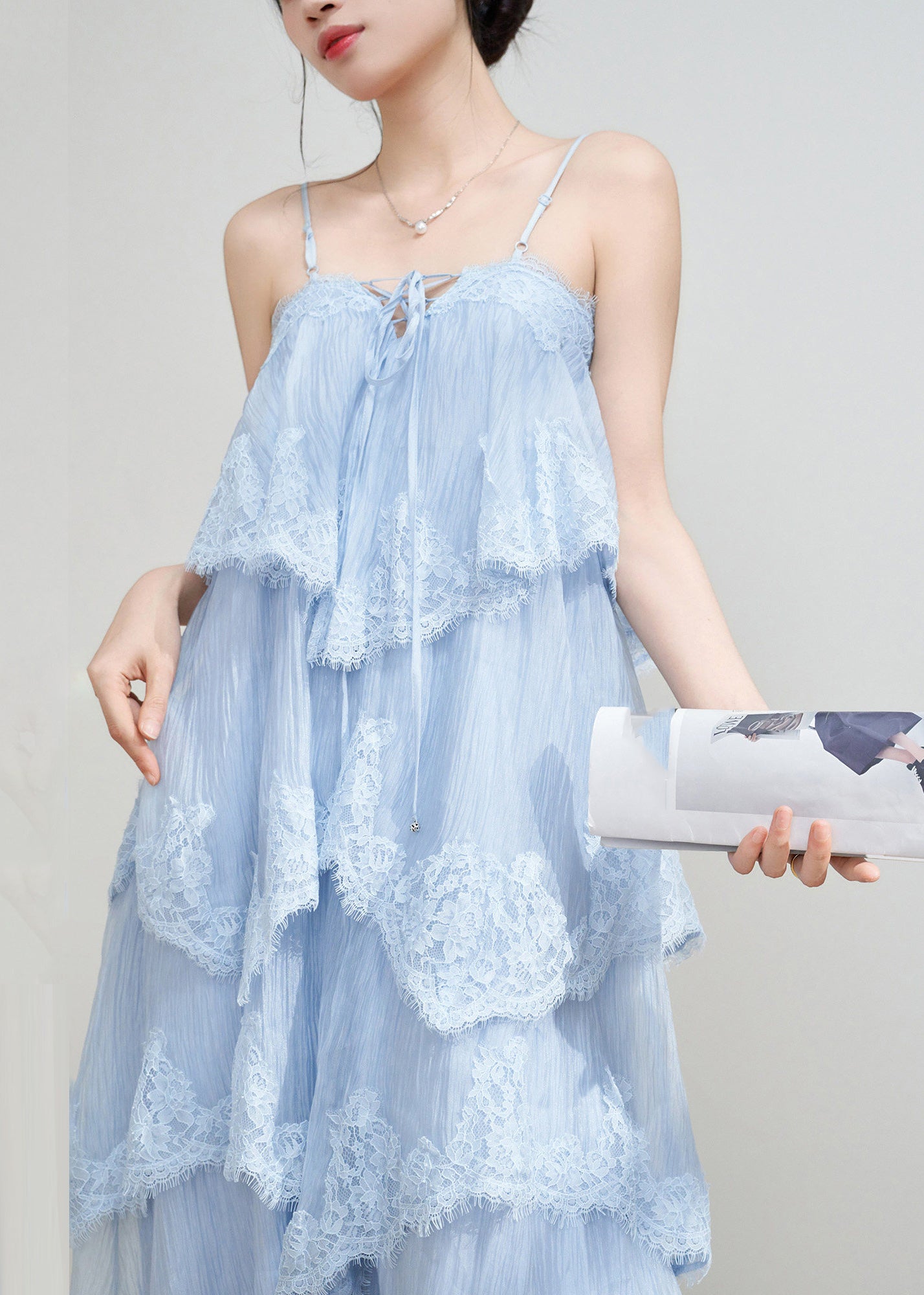Fine Blue Lace Patchwork Maxi Spaghetti Strap Cake Dress Sleeveless